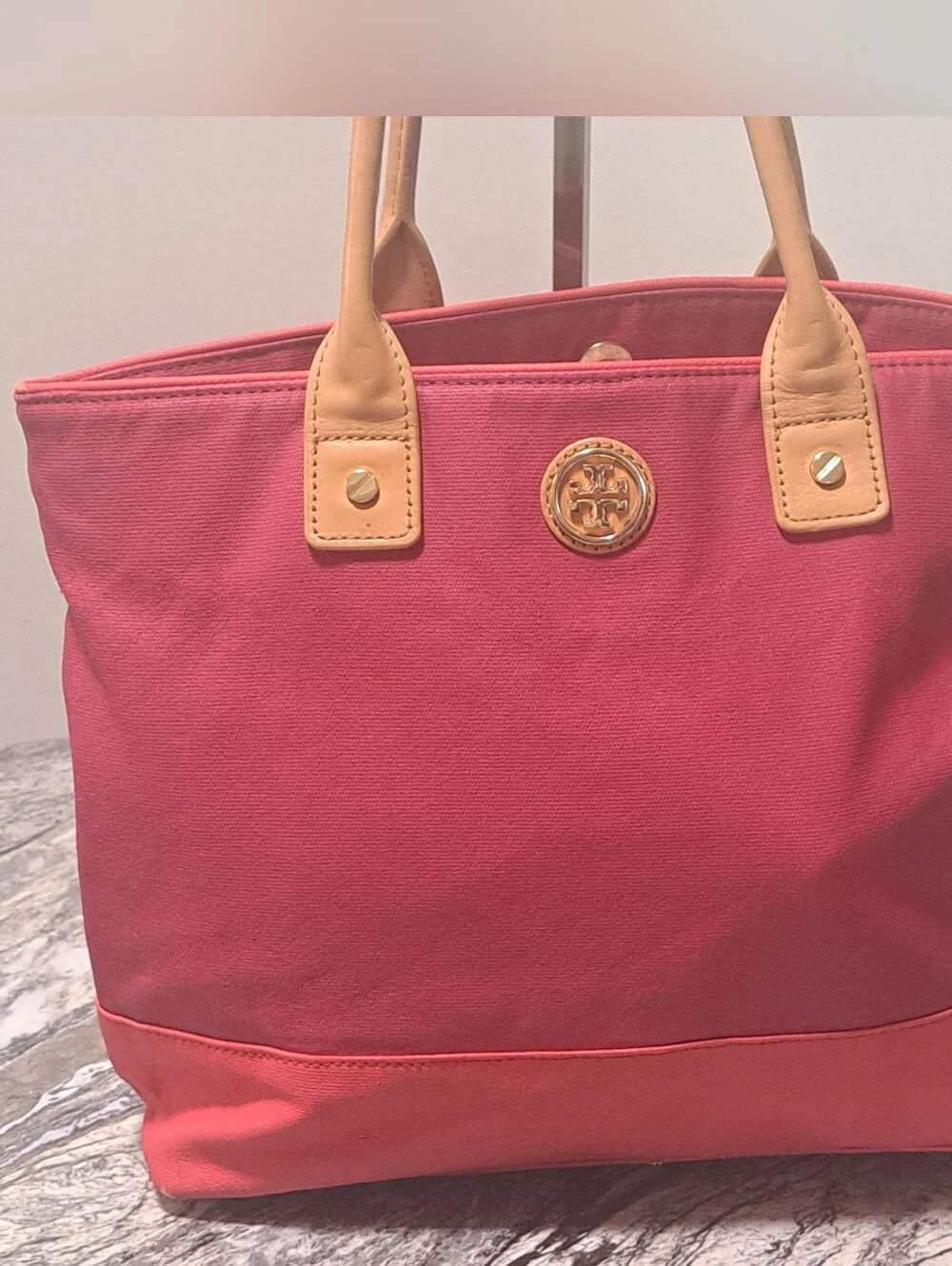 Tory Burch Red Canvas Tote with Tan Leather Handles